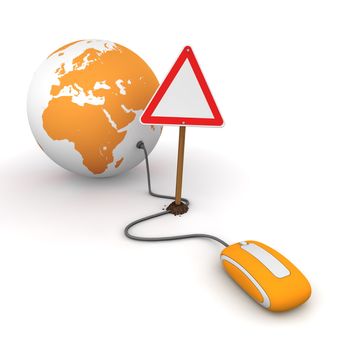 orange computer mouse is connected to an orange globe - surfing and browsing is blocked by a triangular red-white warning sign that cuts the cable - empty template sign