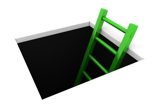 a rectangle hole in the white ground - metallic green ladder to climb out