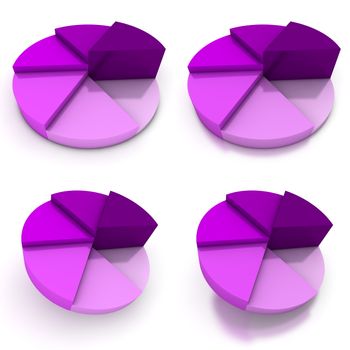 coloured pie chart - six shades of purple  - four views