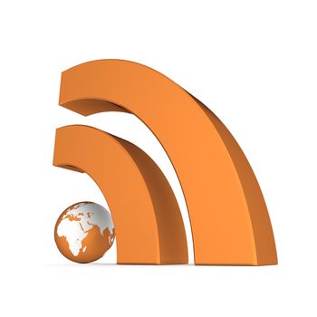 shiny metallic orange RSS symbol rendered in 3D on white ground