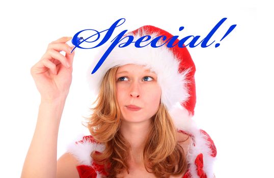 a young woman is using a blue felt-tip marker to write the words "Special!" on an imaginary wall