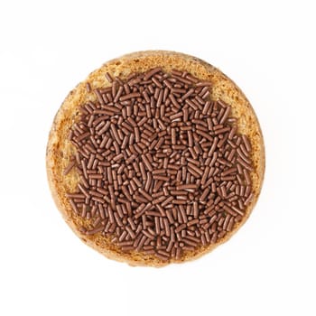 Dutch "hagelslag"  chocolate sprinkles with butter on round toast.