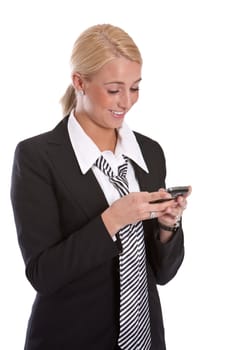 Beautiful young business woman checking her messages on her smartphone