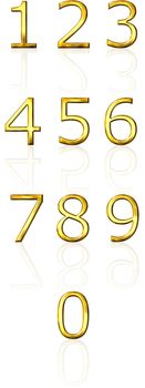 3d golden numbers with reflection isolated in white