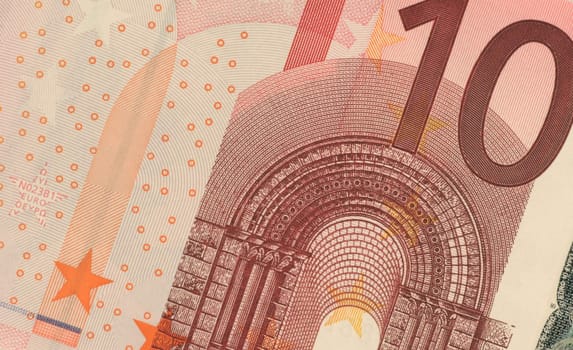 Uncirculated ten euro banknote diagonal close up