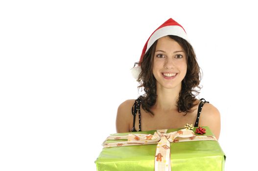 Pretty girl holding christmas presents isolated on white background