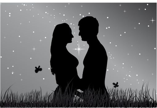 Kiss a guy with a girl in the grass against night sky . Vector.
