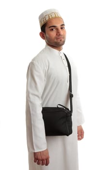 An ethnic middle eastern or south asian man wearing traditional clothing against a white background.