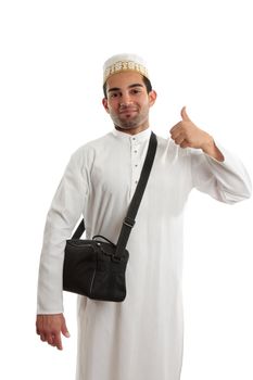 Happy ethnic arab man showing a thumbs up hand sign.  White background.