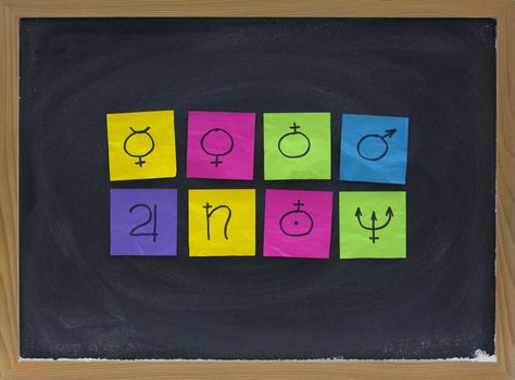 astronomical symbols for eight planets (Mercury, Venus, Earth, Mars, Jupiter, Saturn, Uranus, Neptune) represented with crumpled sticky notes on blackboard with eraser smudges