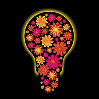 floral light bulb with yellow outter glow and black background