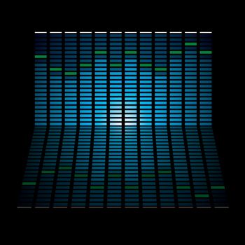 Musical graph with glowing lights and reflection in black background