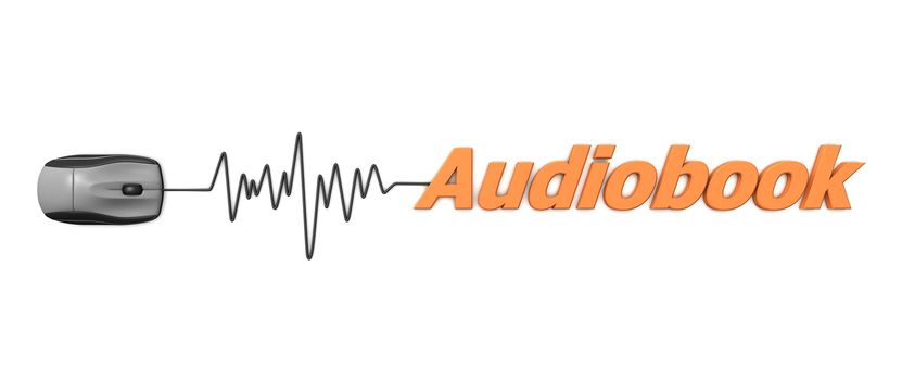 black computer mouse connected to the word audiobook via sine waveform cable - orange