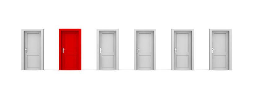 line of six doors, one red door - door and doorframe, no walls