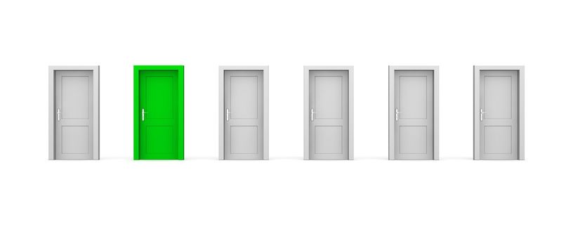 line of six doors, one green door - door and doorframe, no walls