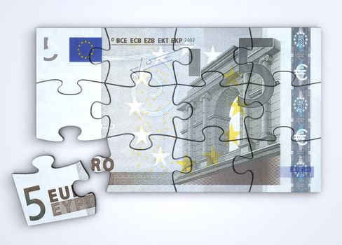 5 Euro note as a puzzle - one piece seperately - top view