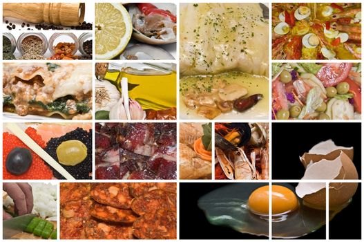 Collage with pictures about food.