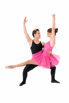 Young couple dancing ballet isolated on white background, full lenght portrait.