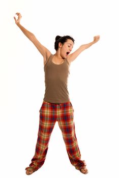 young woman be sleepy wearing pajamas isolated on white background