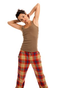 young woman be sleepy wearing pajamas isolated on white background