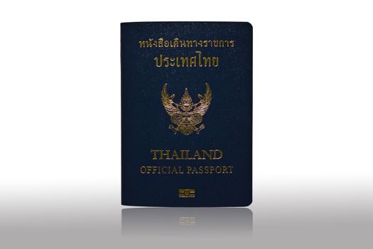 Thailand Official Passport Isolated on White Blackground and reflected grey