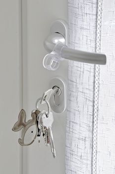 White door with lock and metal keys