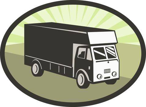 illustration of a delivery van viewed from a high angle set inside an ellipse