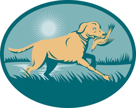 illustration of a trained Retriever  dog with bird on wetland  set inside an ellipse.