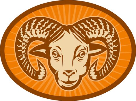 illustration of a Bighorn sheep or ram head with sunburst in the background set inside an oval.