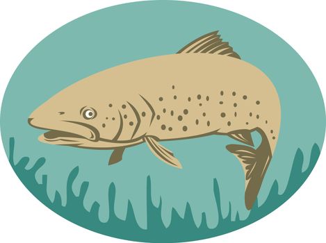 illustration of a Spotted or speckled Trout swimming done in retro style