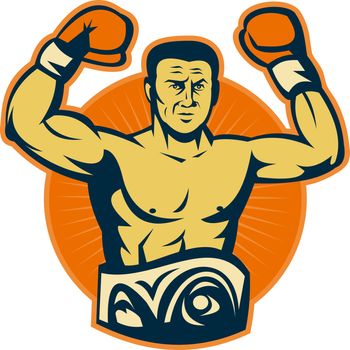 illustration of a Champion boxer with championship belt raising gloves