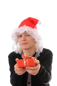 The teenager in a hat santa claus isolated on white background