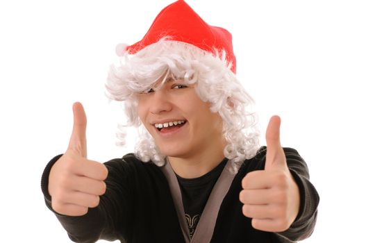 teenager in hat santa claus isolated on white background