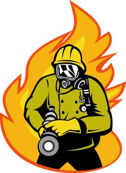 illustration of a Fireman or firefighter with fire hose and fire in the background.