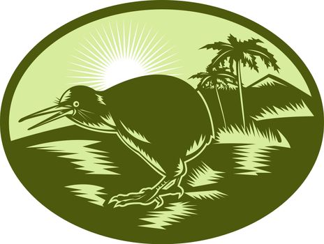 illustratin of a Kiwi bird side view with tree in background done in retro woodcut syle