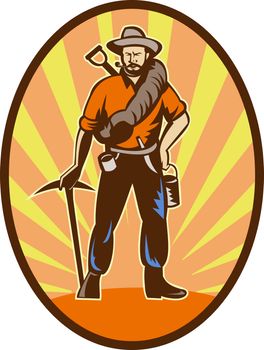 illustration of a Miner, prospector or gold digger with pick axe and shovel standing front