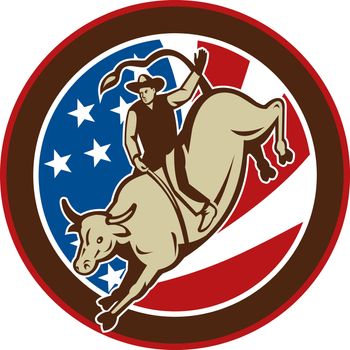 illustration of a Rodeo cowboy bull riding with stars and stripes in the background