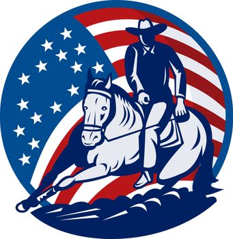 illustration of a Rodeo cowboy horse cutting stars and stripes in the background