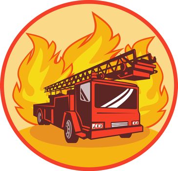 illustration of a Fire truck or engine with flames in background set inside a circle.