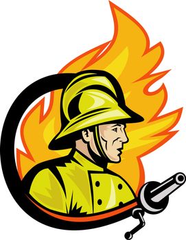 illustration of a Fireman or firefighter with fire hose and fire in the background.