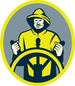 illustration of a Fisherman ship captain at the wheel or helm