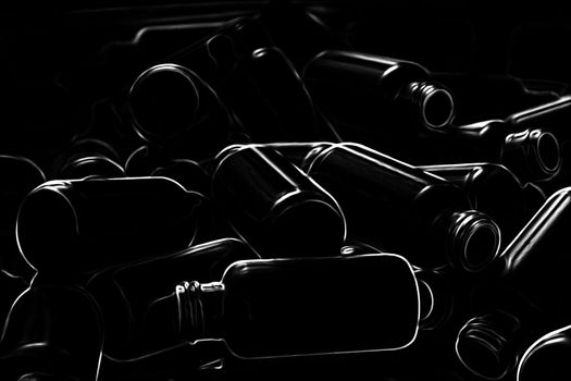Bottles black background. Lie in the pile.