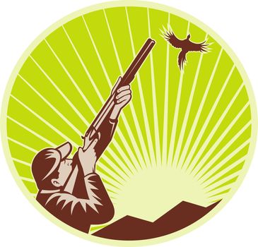 illustration of a Hunter with shotgun  rifle aimng at pheasant