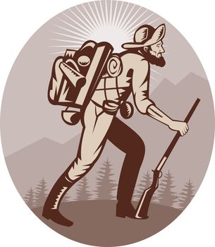 illustration of a Miner prospector hunter trapper hiking with sunburst in background