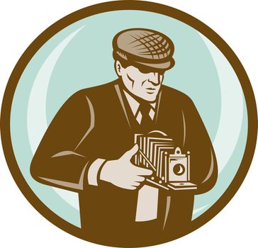 illustration of a Photographer with hat aiming retro vintage camera done in retro style