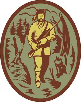 illustration of a pioneer hunter trapper with rifle