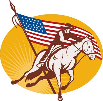 illustration of a Rodeo cowboy horse riding with  american stars and stripes flag in the background