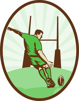 illustration of a Rugby player kicking ball at goal post viewed from the rear set inside an ellipse done in retro style.