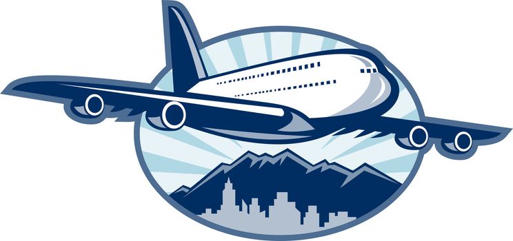 illustration of a Jumbo jet plane airliner taking off with city skyline and mountains in the background.