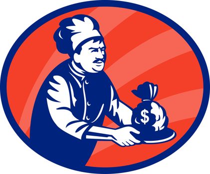 illustration of a Baker chef or cook serving up bag of money in a plate